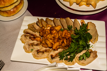 Chicken roule with dried apricots and fried meat.の写真素材