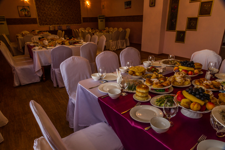 Foods laid out in restaurant for banquet. Almaty, Kazakhstan, Central Asiaの写真素材