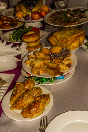Foods laid out in restaurant for banquet. Almaty, Kazakhstan, Central Asiaの写真素材
