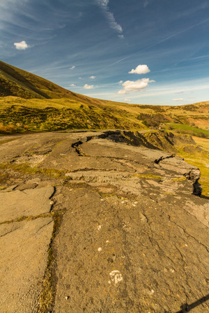 Road closed and destroyed by landslip, A625. Mam Tor, Peak District National Park, Derbyshire, England, UKの写真素材