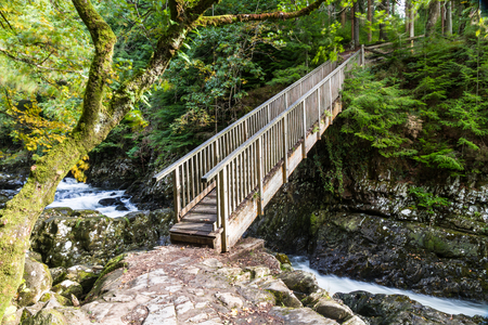 Wooden Miners bridge over the Afon Lledr, in Betws-y-Coed, Gwynedd, North Wales, UKの写真素材