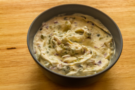 Home made tartar sauce in grey bowl.の写真素材