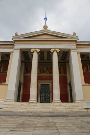 Front of University of Athens Central Building with pillar columns and doors.のeditorial素材