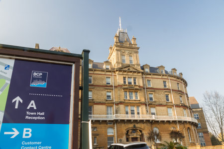 Bournemouth, England â BCP Bournemouth, Christchurch and Poole Council, Logo on sign and Town Hall created April 1 2019 on March 30 2019 in UK.のeditorial素材