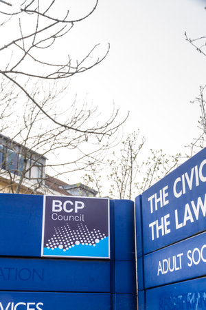 Bournemouth, England â BCP Bournemouth, Christchurch and Poole Council, sign at Poole Civic Centre created April 1 2019 on March 30 2019 in UK.のeditorial素材