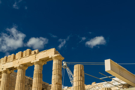 Detail of the Parthenon on the Acropolis with crane in Athens, Greece.の写真素材