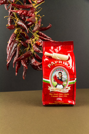 Illustrative editorial Chili-Trade Hungarian sweet smoked paprika, peppers in background â Bournemouth, United Kingdom â November 30th, 2018のeditorial素材
