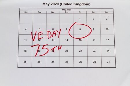UK may bank holiday moved from 4 to 8 May 2020 to celebrate 75 years of end of WWII VE Day on calendarの写真素材