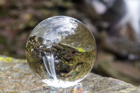 Crystal ball view of Melincourt Water Fall in full February flow, landscape.の写真素材