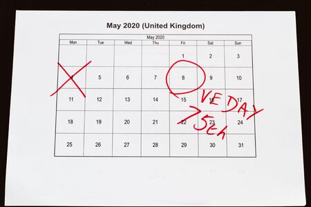 UK may bank holiday moved from 4 to 8 May 2020 to celebrate 75 years of end of WWII VE Day on calendar, landscapeの写真素材