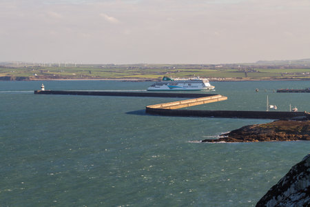 Holyhead, Wales â Irish Ferries Ferry ship entering the Port of Holyhead harbour harbor, landscape, on November  18 2018 in UK.のeditorial素材