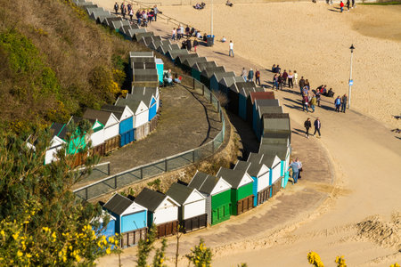 Bournemouth, England â Beach Huts and promenade, Bournemouth Beach, landscape, on March  29 2019 in UK.のeditorial素材