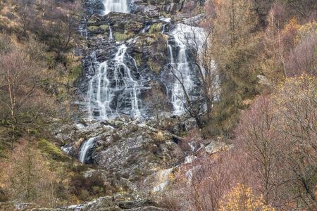 Rhiwargor waterfall on the river Eiddew. Lake Vyrynwy, Powys, Wales UK, landscapeの写真素材