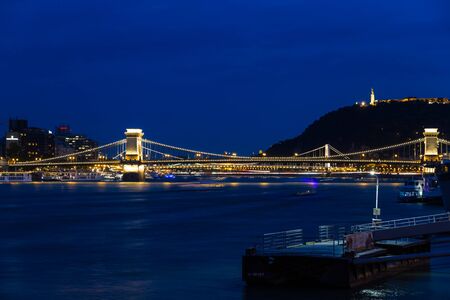 Evening view of River Danube at Budapest, Hungary, Chain Bridge and Statue of Liberty.の写真素材
