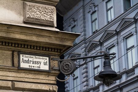 Old street sign Andrassy Avenue in Budapest, Hungary, Europe, landscape.