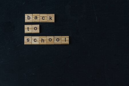 Back to School spelled in wooden letter blocks on dark slate background. Copyspace below.の写真素材