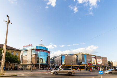 Budapest, Hungary â Glass front of Mammut Shopping Mall, Kalman ter square, landscape wide angle copyspace at top,  Budapest Hungary, on September 19 2019 in Hungaryのeditorial素材