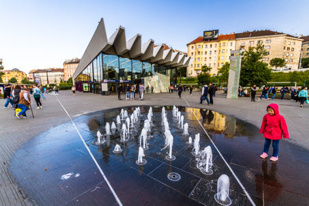 Budapest, Hungary â water fountain  Budapest landscape, wide angle, Hungary, on September 19 2019 in Hungaryのeditorial素材