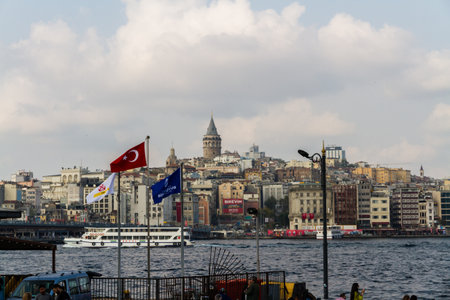 Istanbul, Turkey,  The Golden Horn with ferry boats and Galata Tower, landscape, on October 30 2019 in Turkeyのeditorial素材