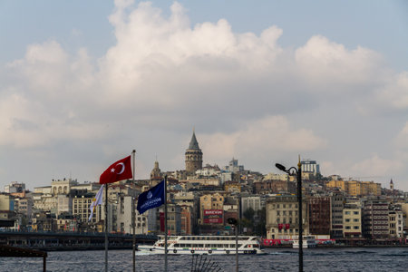 Istanbul, Turkey,  The Golden Horn with ferry boats and Galata Tower , on October 30 2019 in Turkeyのeditorial素材