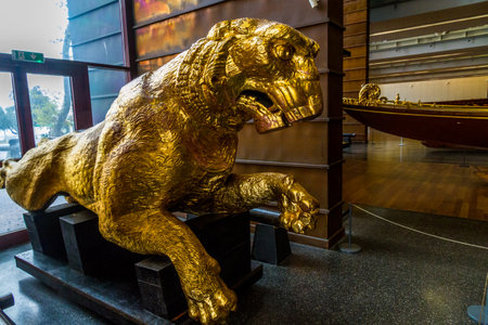 Istanbul, Turkey, golden lion figurehead in the Maritime Museum on October 30 2019 in Istanbul, Turkeyのeditorial素材