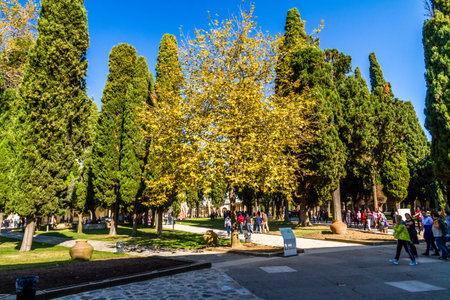 Istanbul, Turkey, Open area within the entrance to the Topkapi Palace Museum  with tourists on October 31 2019 in Istanbul, Turkeyのeditorial素材