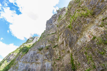 Looking up at Cheddar Gorge cliffs on sunny summer day.