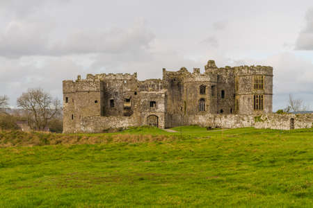 Ruined Carew Castle in Pembrokeshire, Wales, landscape, copyspace at top.の写真素材