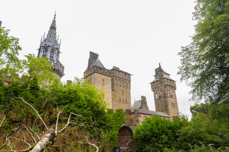 Rear view of Cardiff Castle, from Bute Park, Wales, United Kingdom.のeditorial素材