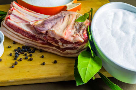 Pork belly  joint with ingredients for dry curing into bacon, salt, sugar, peppercorns, juniper berries and bay leaves, landscape.の写真素材