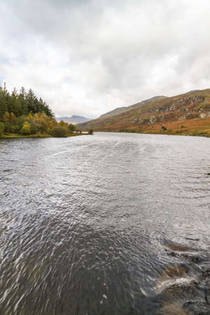 View over Snowdonia lake Llynnau Mymbyr from Capel Curig, portraitの写真素材