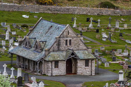 Great Orme  Cemetery Chapel, in hillside graveyard. Llandudno, North Wales, UKの写真素材