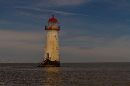 The Point of Ayr or Talacre Lighthouse is on the north coast of Wales, UK, copyspace to rightの写真素材