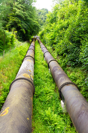 The water pipeline at Dolgarrog, Dolgarrog, Conwy County, North Wales, UK, portraitの写真素材
