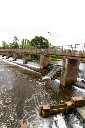 French Weir Bridge, landscape, Taunton, England, UK portrait wide angle.の写真素材