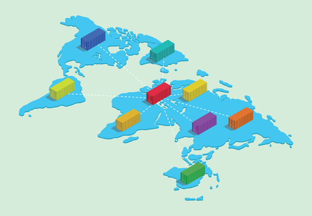 world wide shipping with container network business connected on top of world map vector illustration isometricのイラスト素材