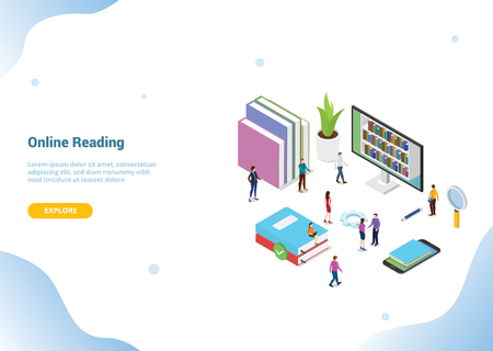 isometric 3d online reading concept with books or ebooks for website template banner or landing homepage - vector illustrationのイラスト素材