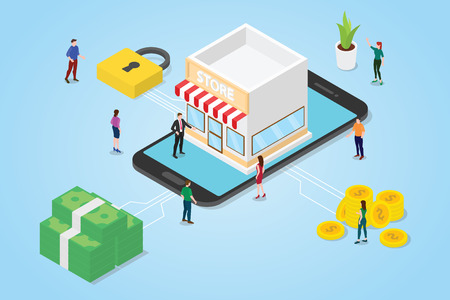 online store concept with team people men woman with stores building on the smartphone app with isometric or isometry 3d style - vector illustration