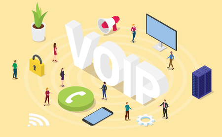 voip voice over internet protocol concept with big words and team people and icon with modern isometric isometry 3d style - vector illustrationのイラスト素材