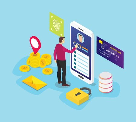 personal data information concept with men people access data with sign icon symbol of security privacy data with isometric style - vector illustrationのイラスト素材