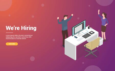 hire or hiring designer or graphic design concept with empty desk and chair for website or web template landing design - vector illustrationのイラスト素材