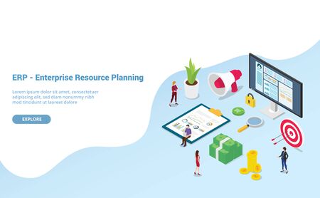 erp enterprise resource planning concept with team people and asset company with modern isometric style for website template or landing homepage - vector illustration