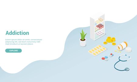 drug addiction concept with variations of drugs for website template or landing homepage with isometric modern flat style - vector illustrationのイラスト素材