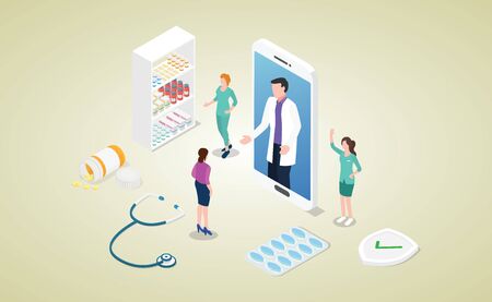 online doctor consultation concept with smartphone apps and patient and doctor discussion with modern isometric style - vector illustrationのイラスト素材