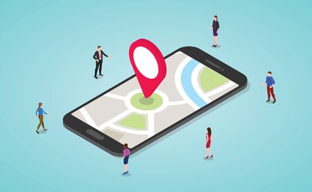 gps navigation concept with people and smartphone and maps and marker with modern isometric flat style - vector illustrationのイラスト素材