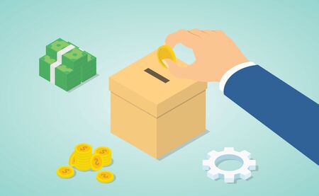 donation concept with hand give money to donate with money and donations box with isometric modern flat style - vector illustrationのイラスト素材