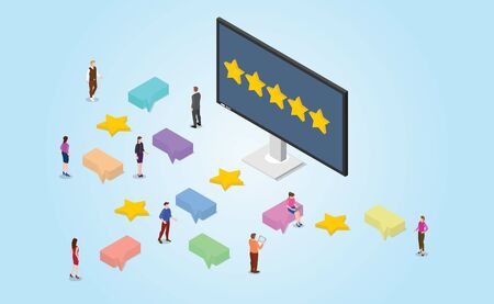 business feedback rating review with gold star on monitor screen and comment with team people with modern isometric style - vector illustrationのイラスト素材