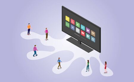 smart tv technology with apps icon and people with isometric modern flat style - vector illustrationのイラスト素材
