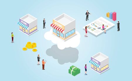online vs offline store with benefit for online e-commerce technology with modern isometric style - vectorのイラスト素材