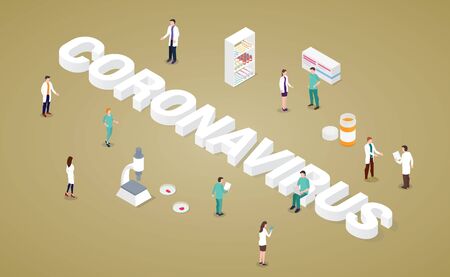corona virus covid-19 concept with big word and medical team analysis with drugs and health vaccine with modern isometric style vectorのイラスト素材